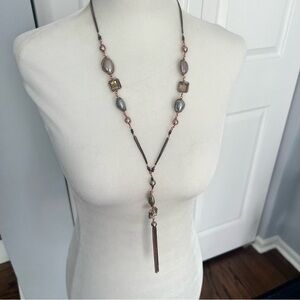 Unique silver and rose gold tone caged beaded long lariat fringe chain necklace